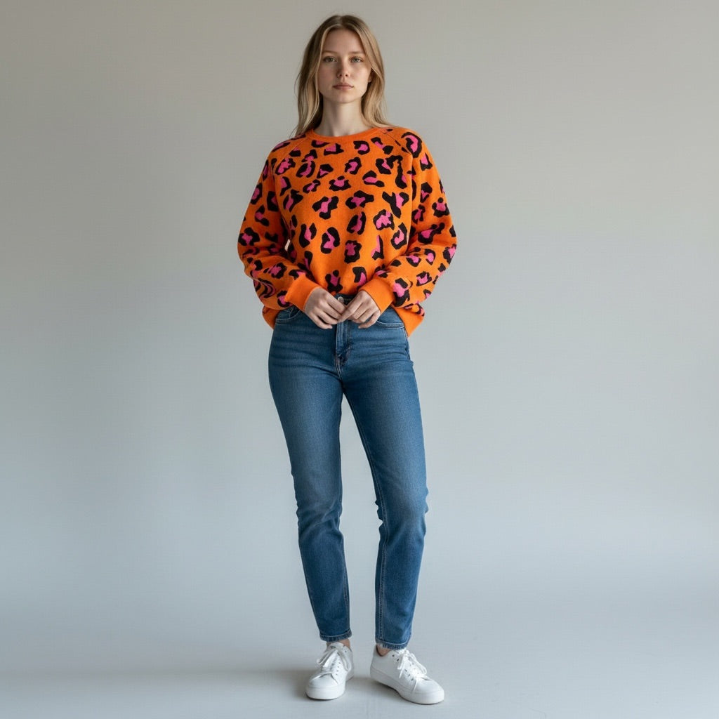 Orange with black and pink leopard print Bibi Print Knit Sweater, Medium